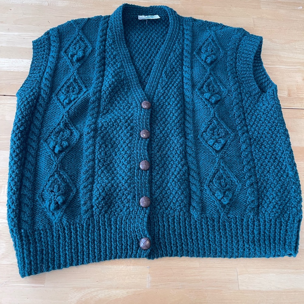 Blarney Aran Hand Knit Wool Green Vest Large? See Measurements